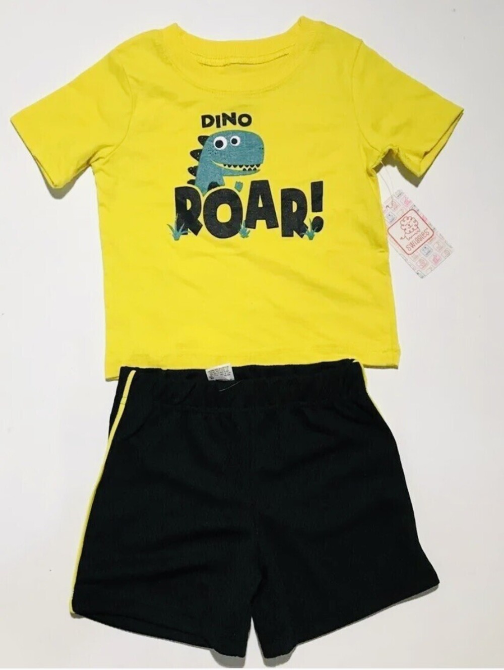 Swiggles Boy's DINO ROAR! Yellow Shirt & Black 2 piece Shorts Set - Size: 18mos